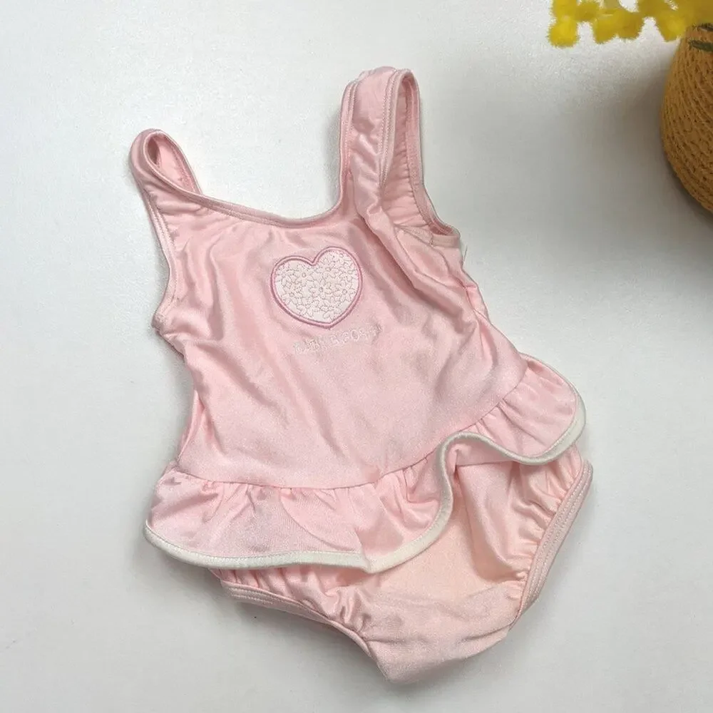 Vintage Oshkosh B'gosh Swimsuit Baby Girls Size 12m Pink Heart Ruffle